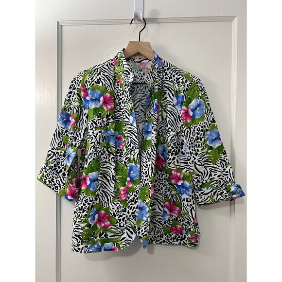Choices Petite Linen Zebra Floral Print Blazer Jacket 3/4 Sleeve - Womens PL - Picture 1 of 9